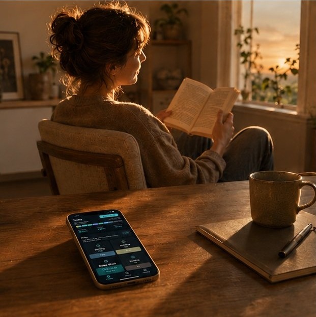 Quiet evening reading with Flows on table