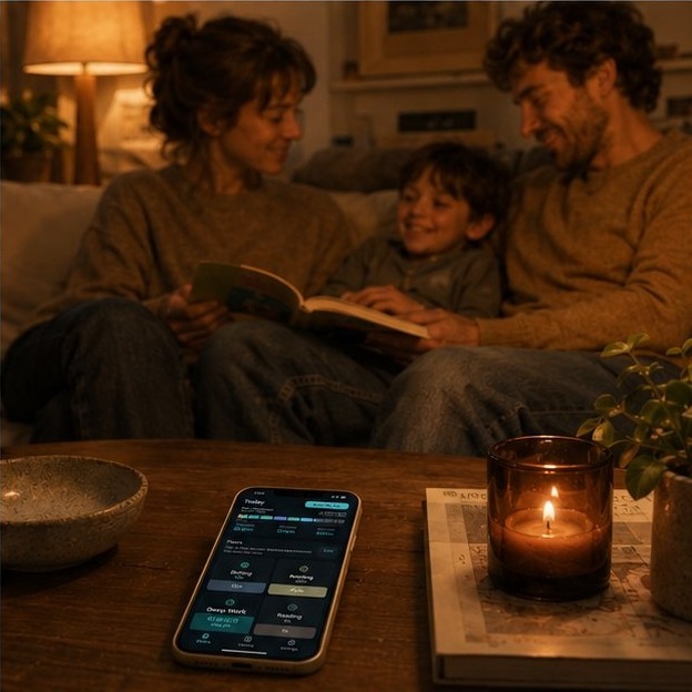 Family on sofa, Flows on coffee table