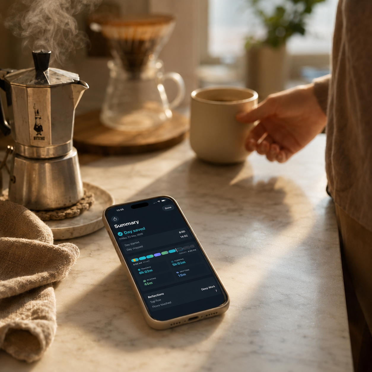 Morning coffee beside a phone open to Flows