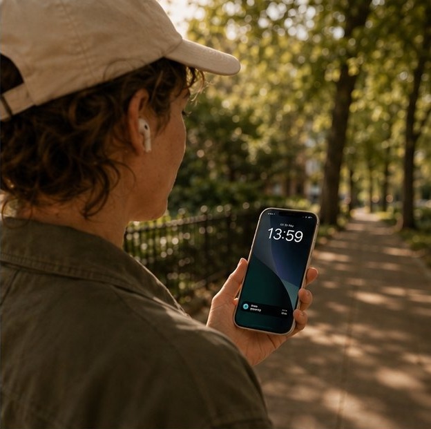 Person walking in a park, Flows lock screen visible